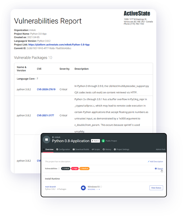 ActiveState Platform Vulnerabilities report