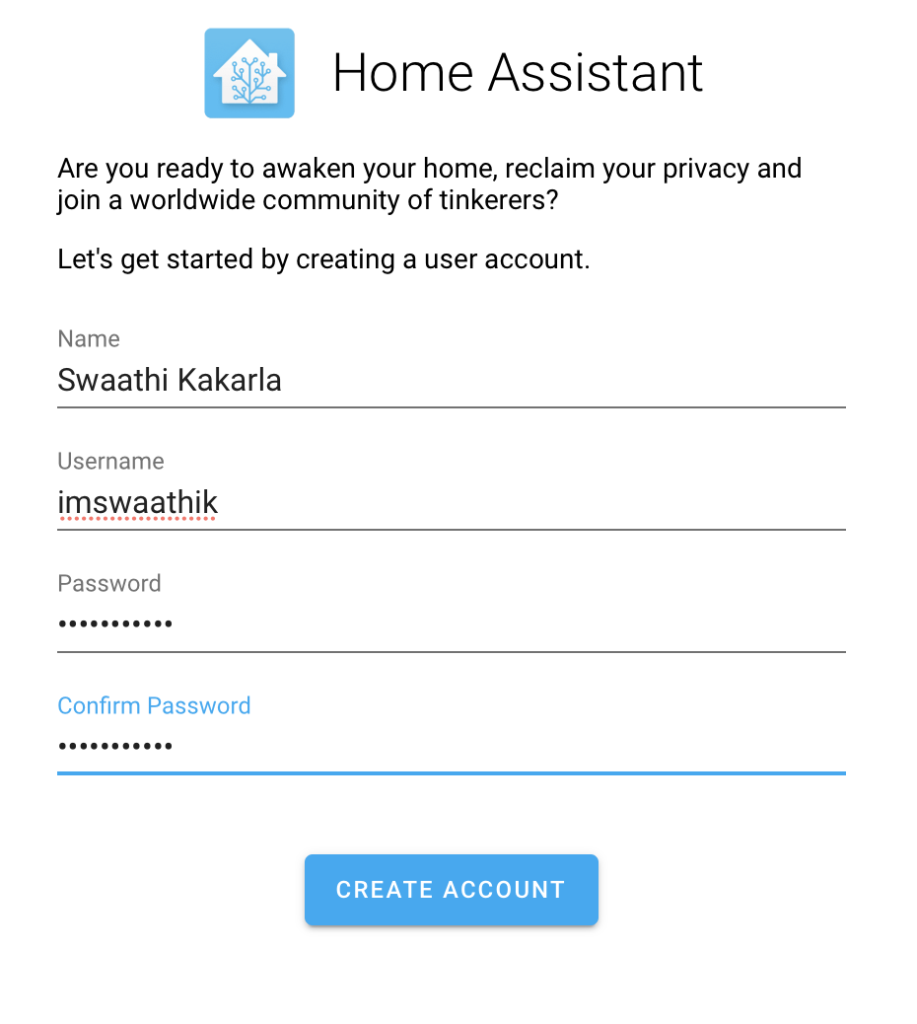 HomeAssistant Account Creation