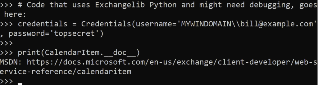 Credentials function code - exchangelib