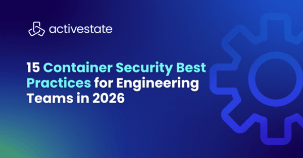Image of cog with blog header text on blue background, used for article titled "15 Container Security Best Practices for Engineering Teams in 2026"